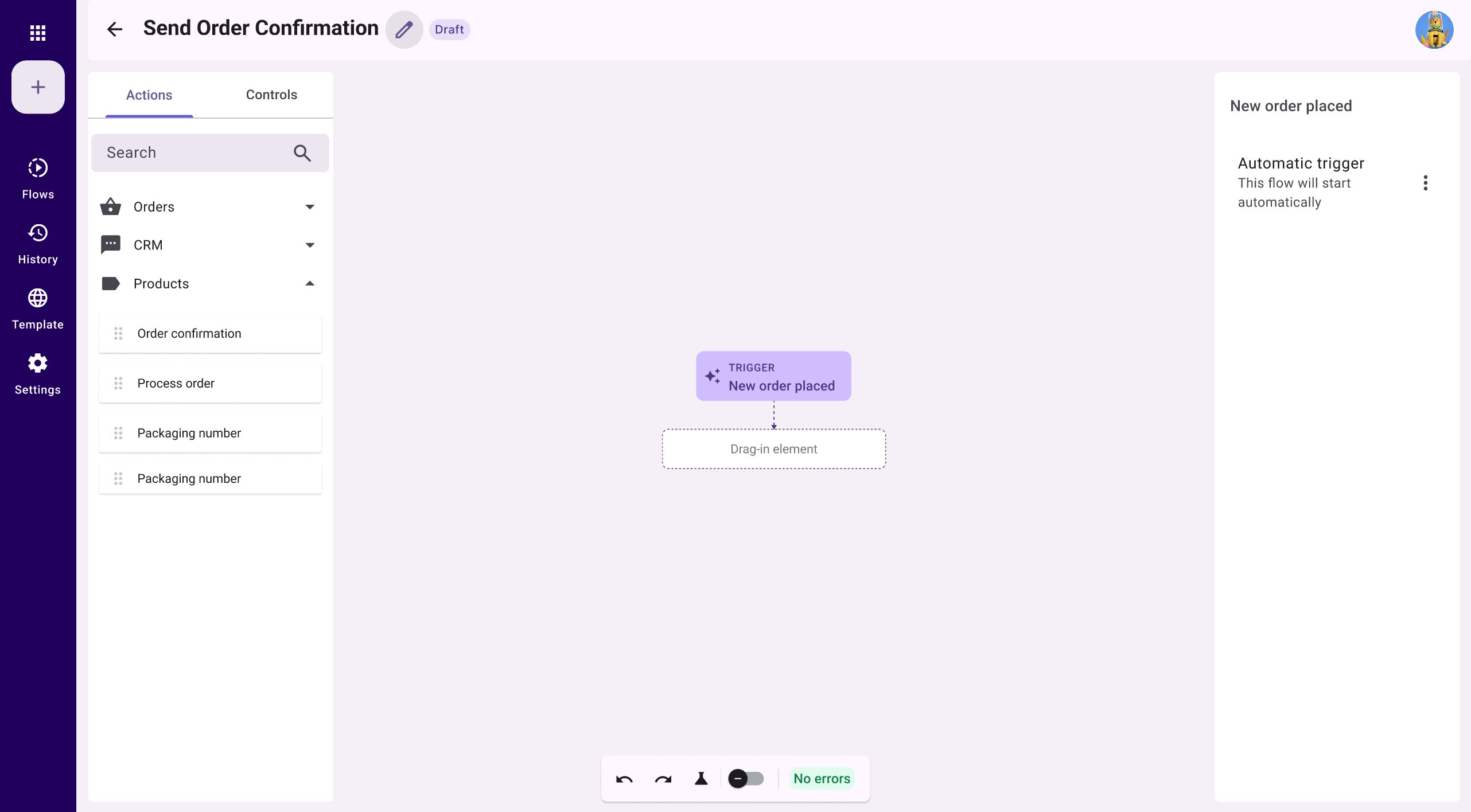 Empty canvas state with trigger and drag-in placeholder