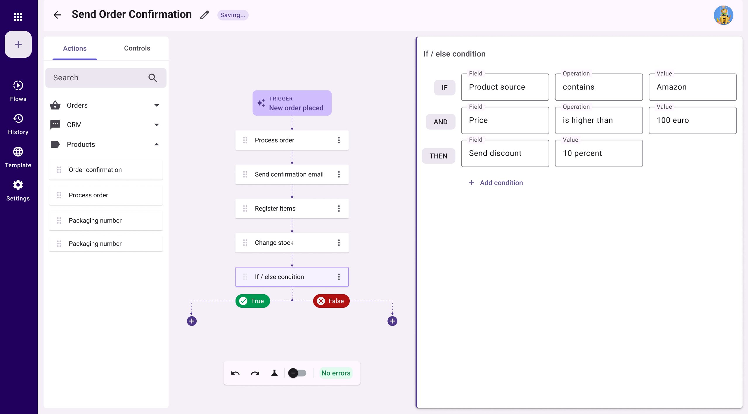 Full flow with if/else condition panel open alongside