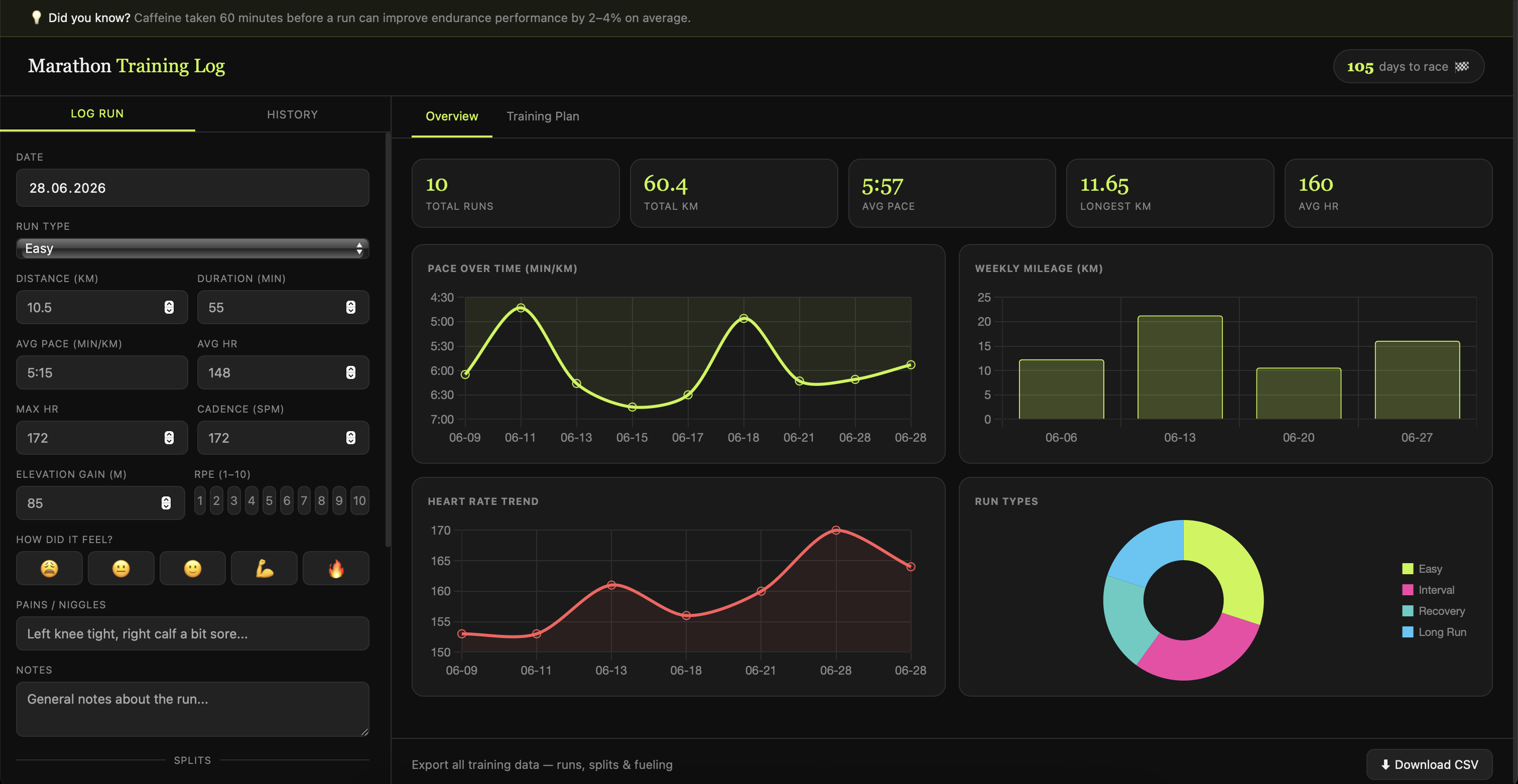 Marathon Training Dashboard screenshot